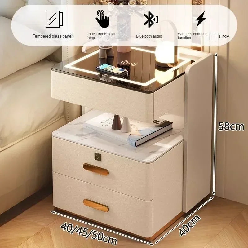 Smart Bedside Table, Simple and Modern,Three Drawer Household Bedroom, Bedside Storage, Solid Wood Storage Cabinet Night Stand