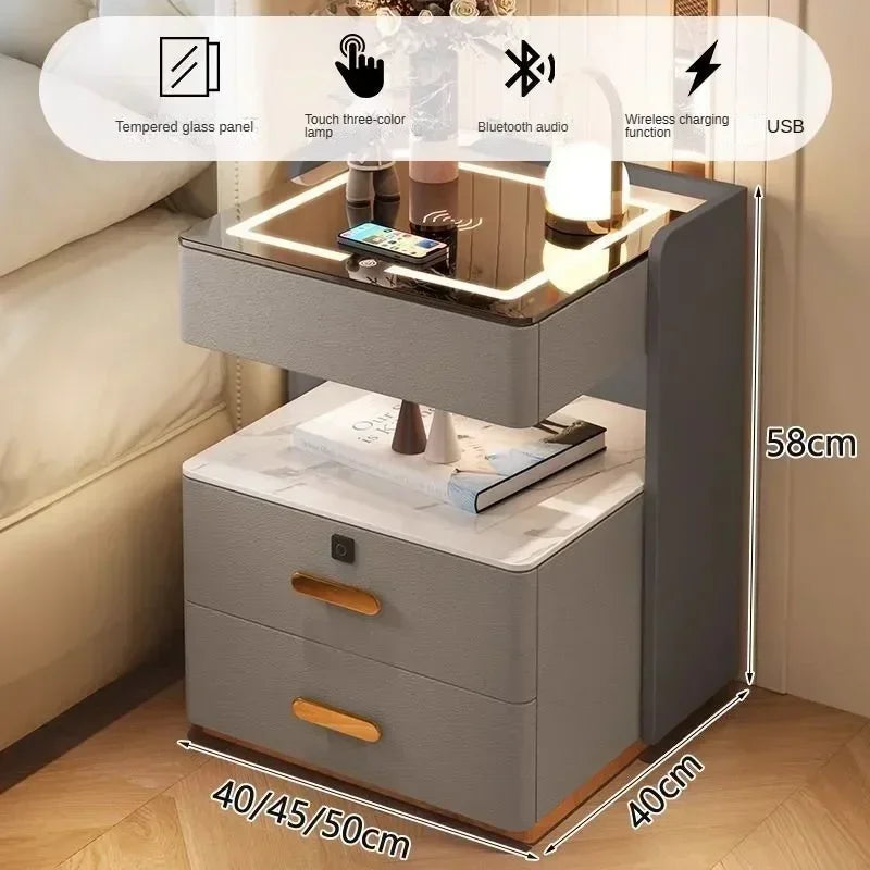 Smart Bedside Table, Simple and Modern,Three Drawer Household Bedroom, Bedside Storage, Solid Wood Storage Cabinet Night Stand