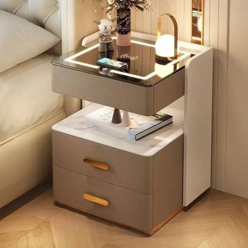 Smart Bedside Table, Simple and Modern,Three Drawer Household Bedroom, Bedside Storage, Solid Wood Storage Cabinet Night Stand