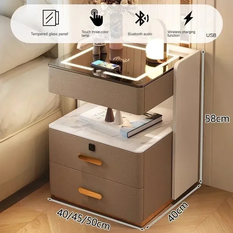 Smart Bedside Table, Simple and Modern,Three Drawer Household Bedroom, Bedside Storage, Solid Wood Storage Cabinet Night Stand