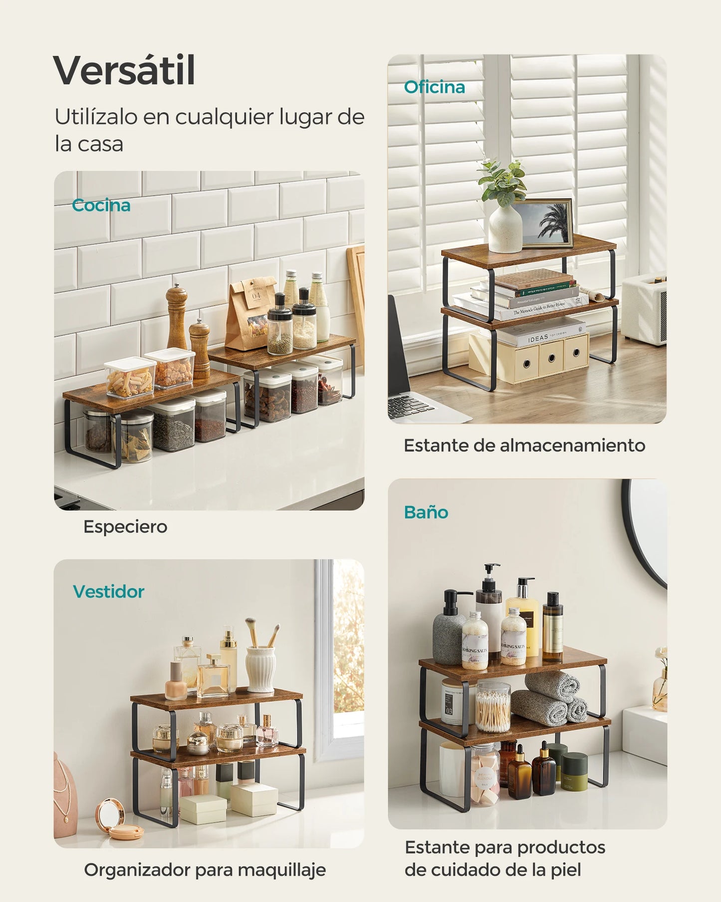 SONGMICS Spice Rack, Set of 2, Cabinet Organizer, Extendable Kitchen Storage Rack, Engineering Metal and Wood Spice Maker, cloud White and Natural Beige/black ink and Natural Beige/black ink and rustic brown/black ebony