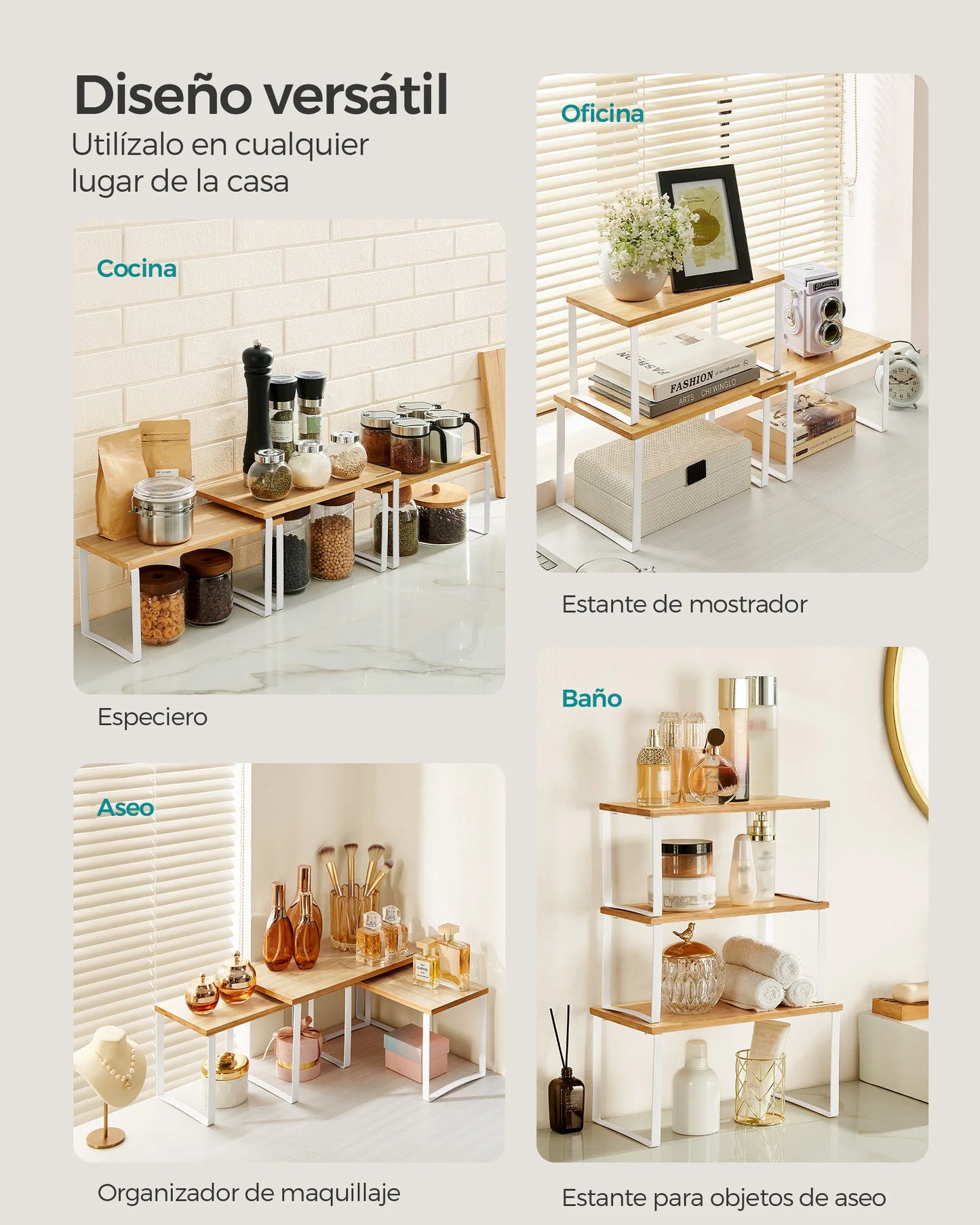 SONGMICS Spice Rack, Set of 3, Cabinet Organizer, Stackable, Extendable Spices, Metal and Bamboo, Cream White and Natural Beige/Black Ink and Natural Beige