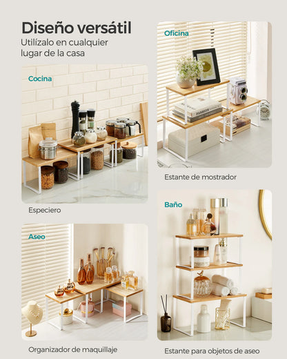 SONGMICS Spice Rack, Set of 3, Cabinet Organizer, Stackable, Extendable Spices, Metal and Bamboo, Cream White and Natural Beige/Black Ink and Natural Beige