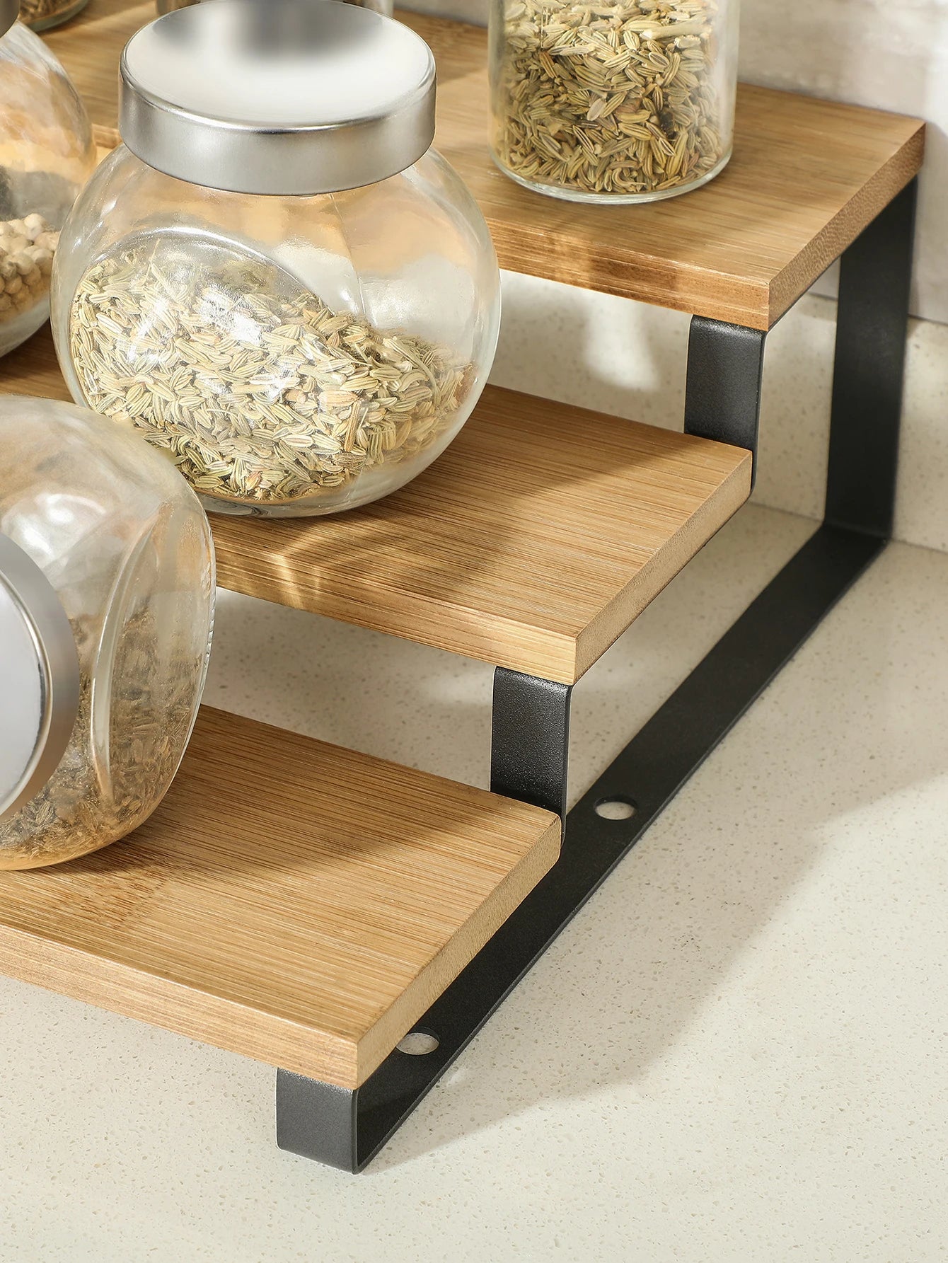 SONGMICS Spice Rack, Set of 2 Spice Rack, Stackable Bamboo Extendable 3-tier Spice Rack for Pantry, Countertop, Natural Black/Natural & Natural & White
