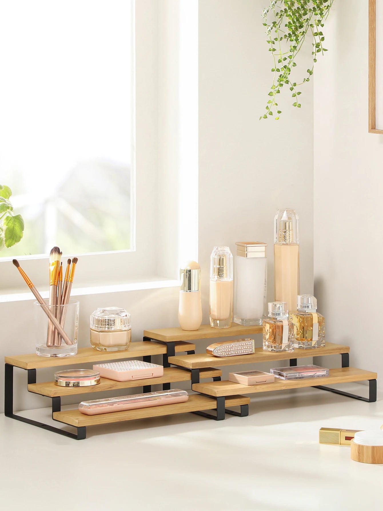SONGMICS Spice Rack, Set of 2 Spice Rack, Stackable Bamboo Extendable 3-tier Spice Rack for Pantry, Countertop, Natural Black/Natural & Natural & White
