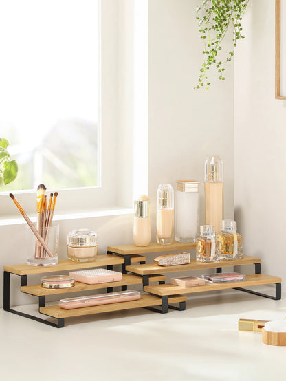 SONGMICS Spice Rack, Set of 2 Spice Rack, Stackable Bamboo Extendable 3-tier Spice Rack for Pantry, Countertop, Natural Black/Natural & Natural & White