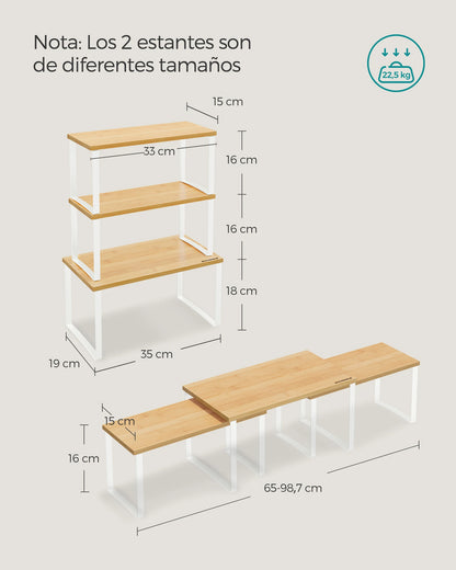 SONGMICS Spice Rack, Set of 3, Cabinet Organizer, Stackable, Extendable Spices, Metal and Bamboo, Cream White and Natural Beige/Black Ink and Natural Beige