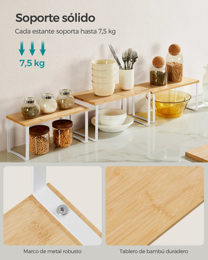 SONGMICS Spice Rack, Set of 3, Cabinet Organizer, Stackable, Extendable Spices, Metal and Bamboo, Cream White and Natural Beige/Black Ink and Natural Beige