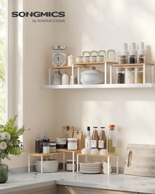 SONGMICS Spice Rack, Set of 3, Cabinet Organizer, Stackable, Extendable Spices, Metal and Bamboo, Cream White and Natural Beige/Black Ink and Natural Beige