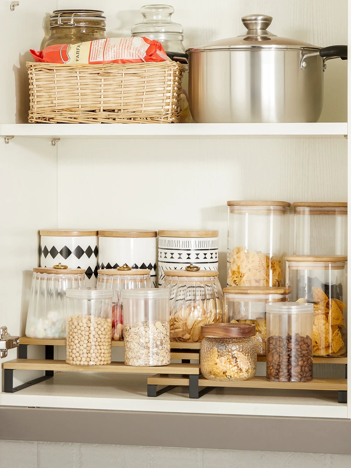 SONGMICS Spice Rack, Set of 2 Spice Rack, Stackable Bamboo Extendable 3-tier Spice Rack for Pantry, Countertop, Natural Black/Natural & Natural & White