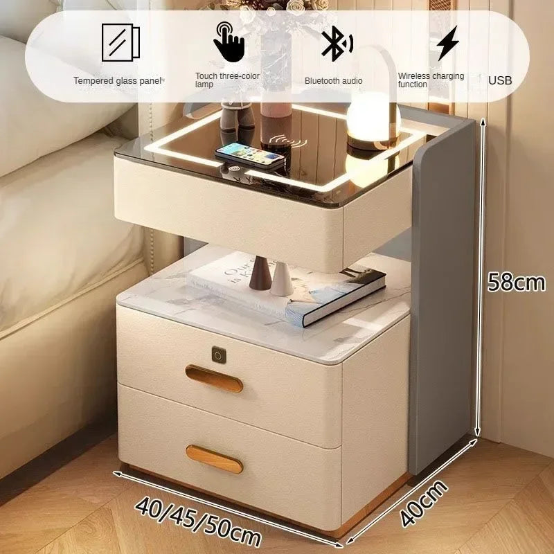 Smart Bedside Table, Simple and Modern,Three Drawer Household Bedroom, Bedside Storage, Solid Wood Storage Cabinet Night Stand