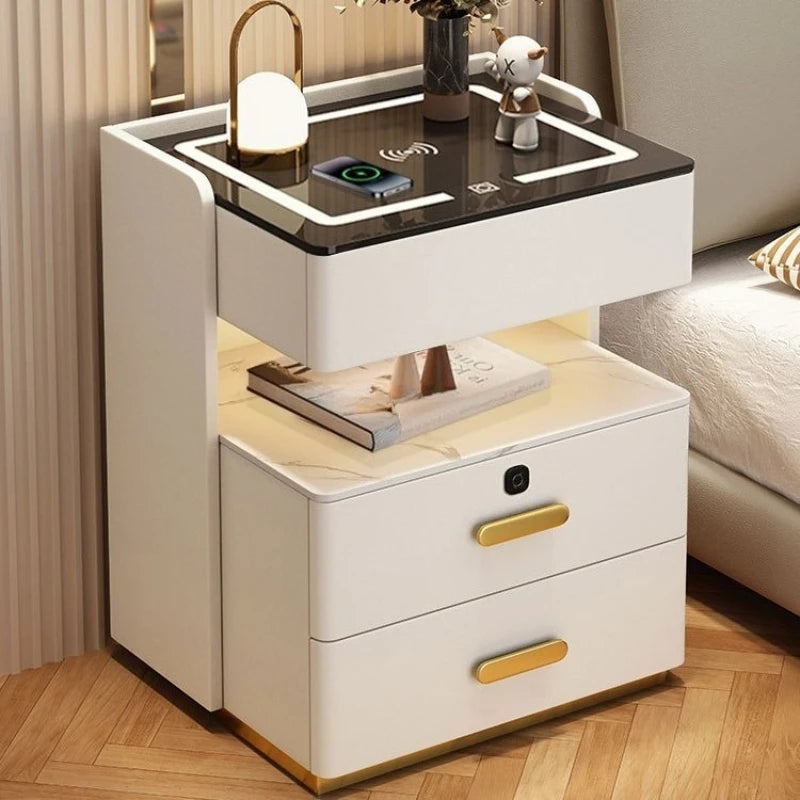 Smart Bedside Table, Simple and Modern,Three Drawer Household Bedroom, Bedside Storage, Solid Wood Storage Cabinet Night Stand