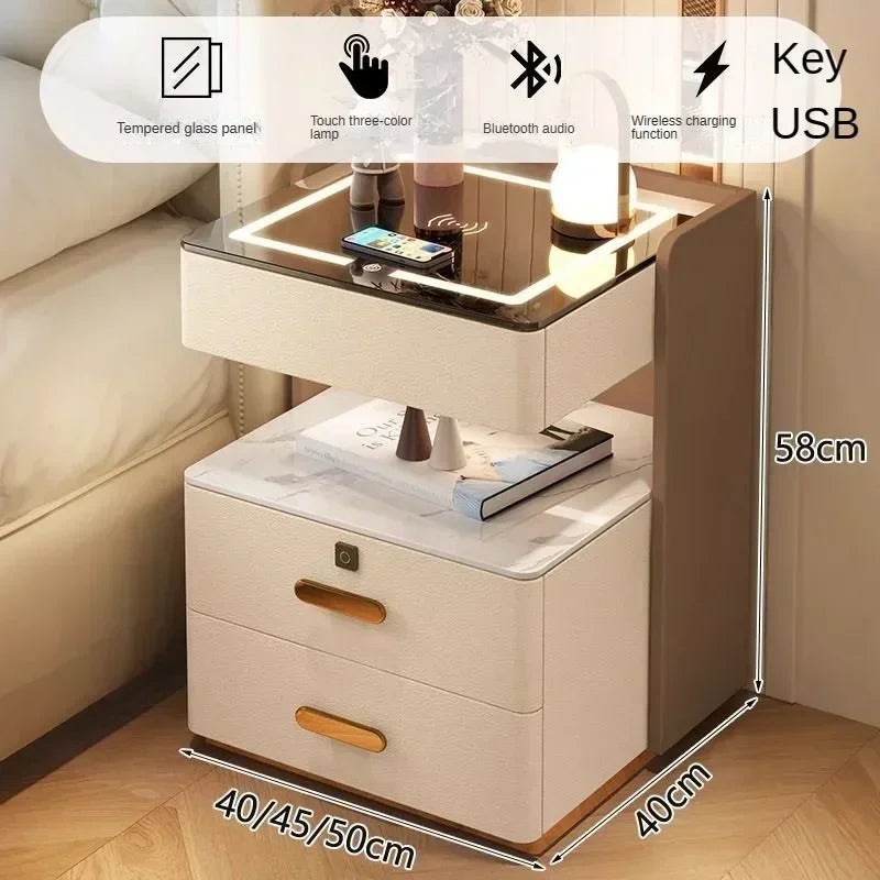 Smart Bedside Table, Simple and Modern,Three Drawer Household Bedroom, Bedside Storage, Solid Wood Storage Cabinet Night Stand