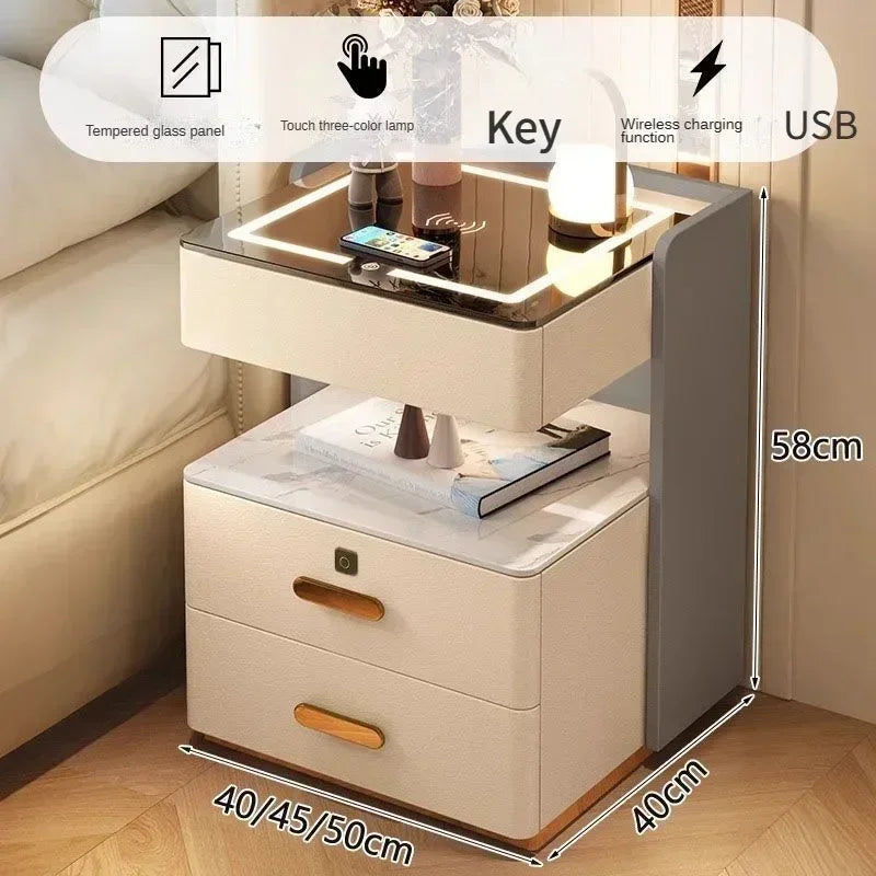 Smart Bedside Table, Simple and Modern,Three Drawer Household Bedroom, Bedside Storage, Solid Wood Storage Cabinet Night Stand