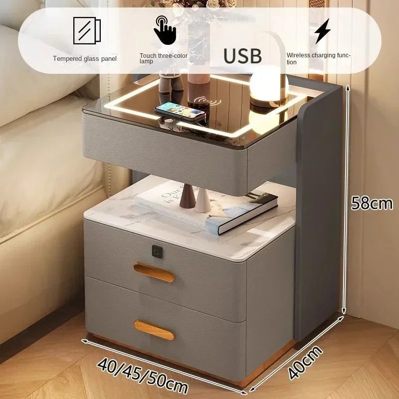 Smart Bedside Table, Simple and Modern,Three Drawer Household Bedroom, Bedside Storage, Solid Wood Storage Cabinet Night Stand