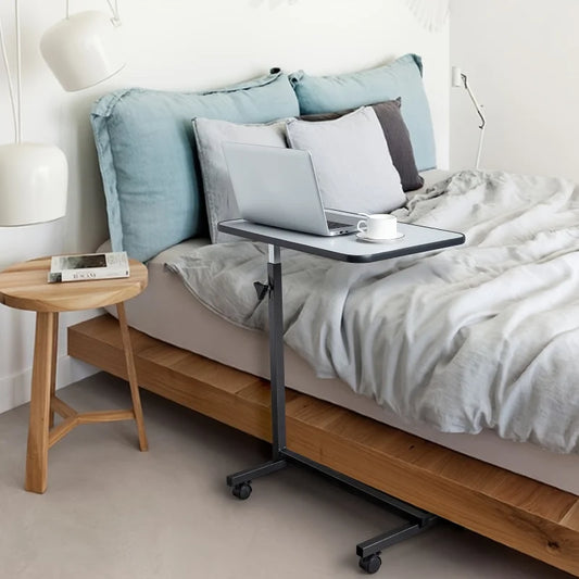 Mesita de noche ajustable multifuncional MDF/hierro/4 ruedas con freno, gris plateado