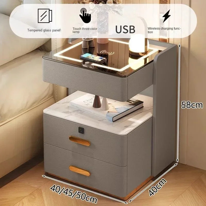 Smart Bedside Table, Simple and Modern,Three Drawer Household Bedroom, Bedside Storage, Solid Wood Storage Cabinet Night Stand