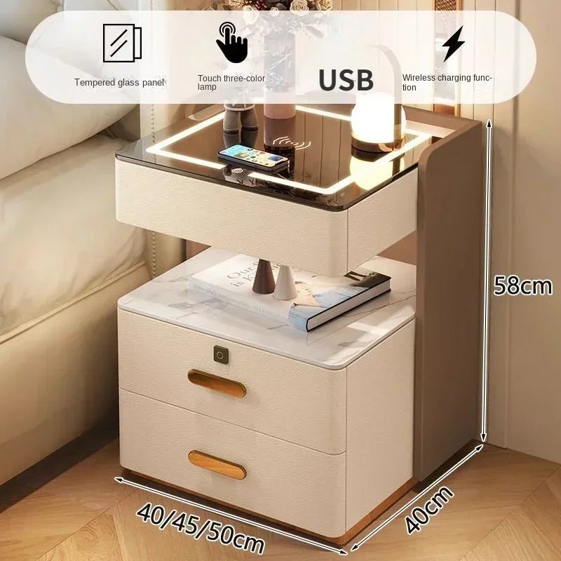 Smart Bedside Table, Simple and Modern,Three Drawer Household Bedroom, Bedside Storage, Solid Wood Storage Cabinet Night Stand