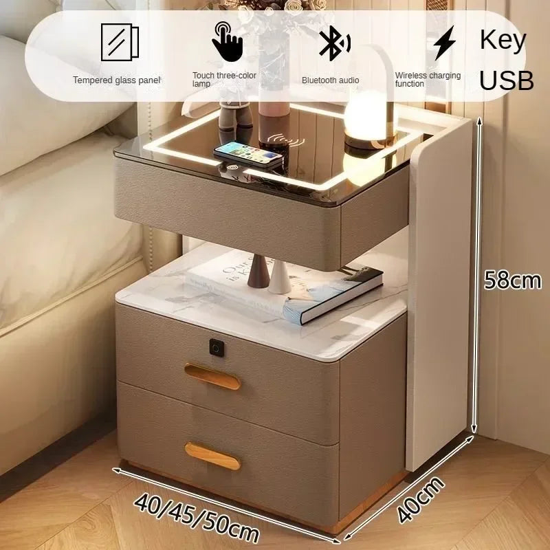 Smart Bedside Table, Simple and Modern,Three Drawer Household Bedroom, Bedside Storage, Solid Wood Storage Cabinet Night Stand